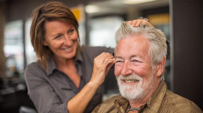 Senior care community resident enjoying dignified hair and beauty treatment