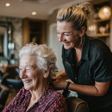 Senior resident receiving personalized on-site hair styling