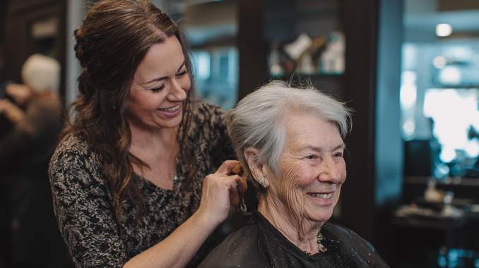 Assisted living resident smiling after professional salon styling visit