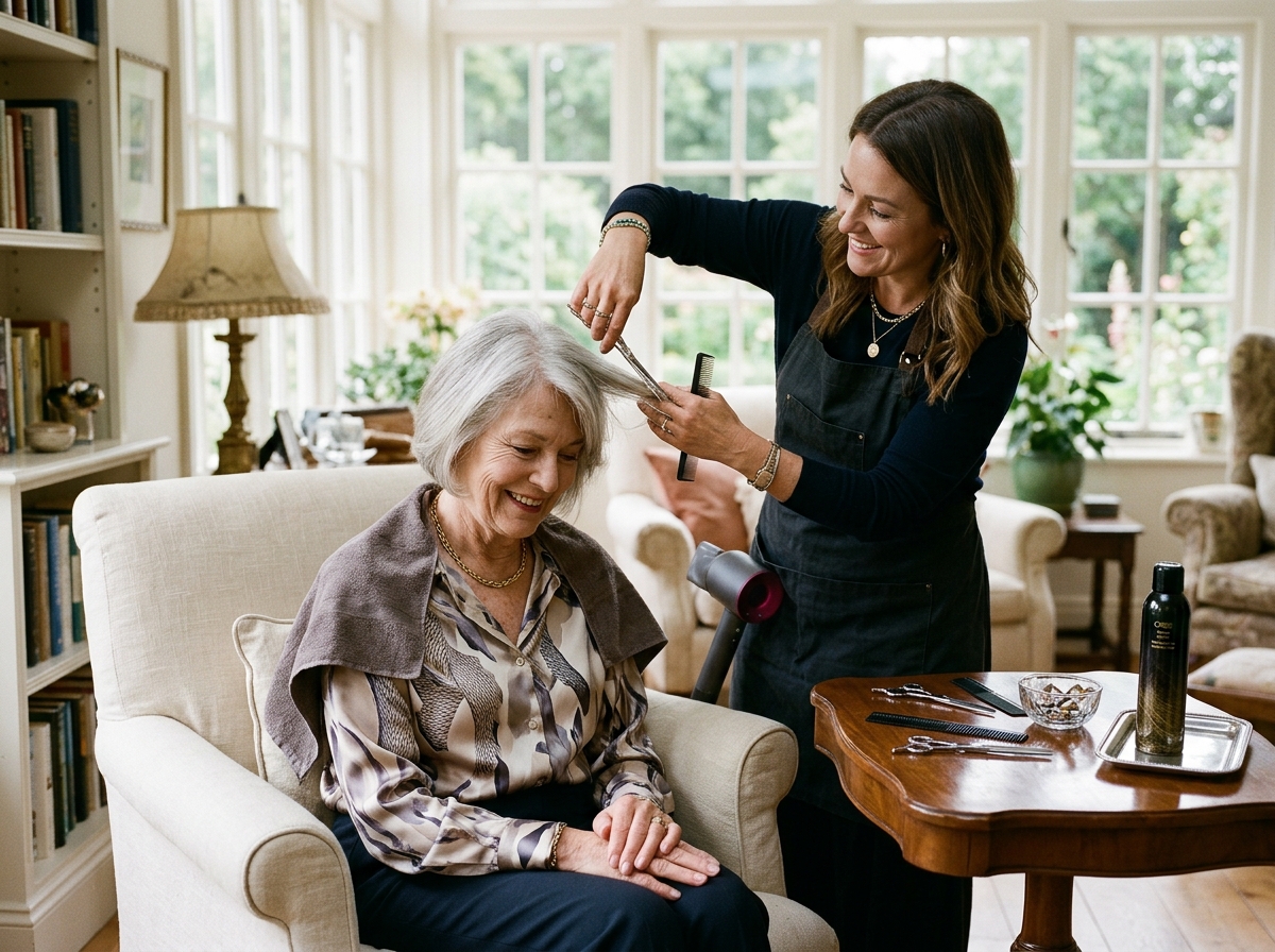 In-Home Resident Stylist gently cutting client hair in sunlit living room